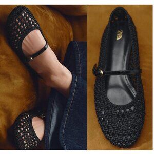 ZARA WOVEN STRAP BALLERINAS FLATS MESH Black Size 37 7 NWOB